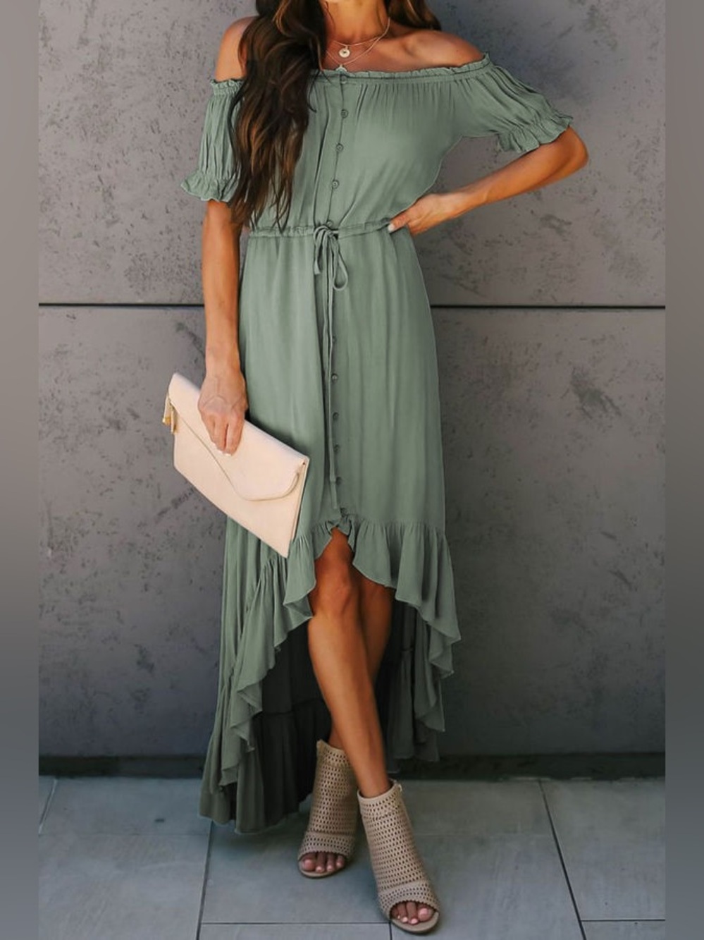 entro Sage Green Off-Shoulder High-Low Ruffle Lined Dress Size Large Boho Fall